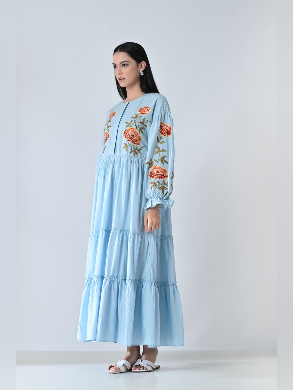 Samant Chauhan Powder Blue Embroidered Tiered Dress Size S - Picture 4 of 11